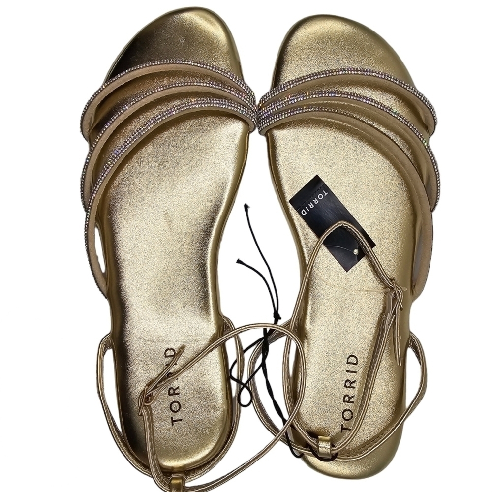 Torrid Triple Band Embroidered Flat Sandals in Gold Size 6.5 WW